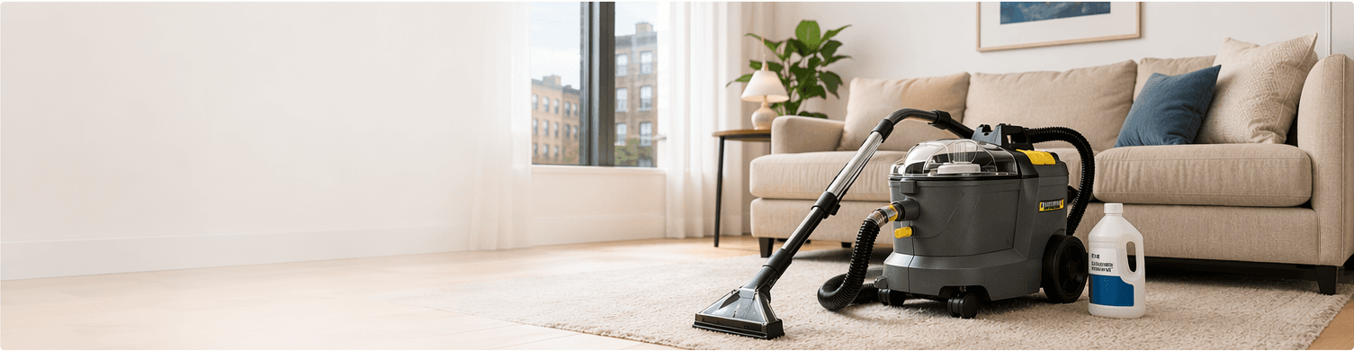 Professional carpet cleaner in a bright Brooklyn living room